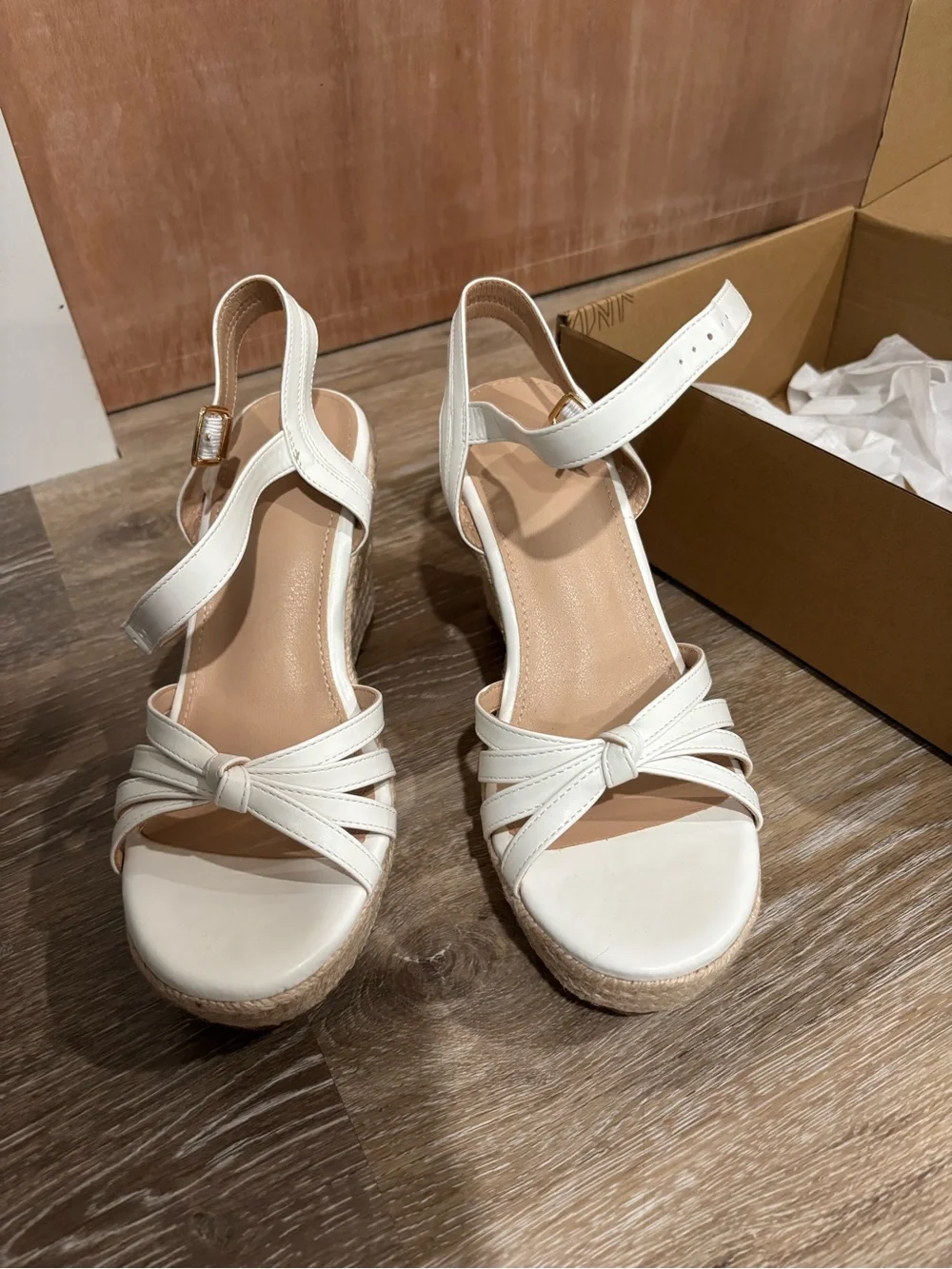Women’s White Knot Front Wedge Sandals with Ankle Strap